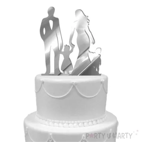 topper z pleksy para mloda z corkami srebrny lustrzany 17 cm