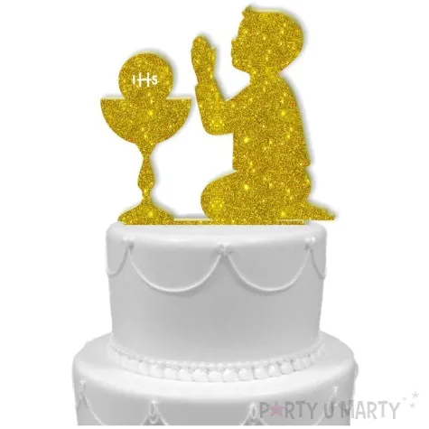 topper z pleksy pierwsza komunia sw chlopiec zloty brokat 15 cm
