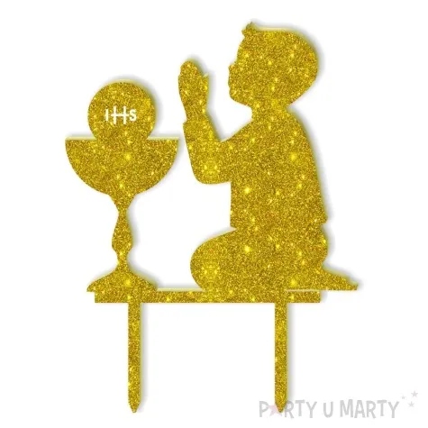 topper z pleksy pierwsza komunia sw chlopiec zloty brokat 15 cm