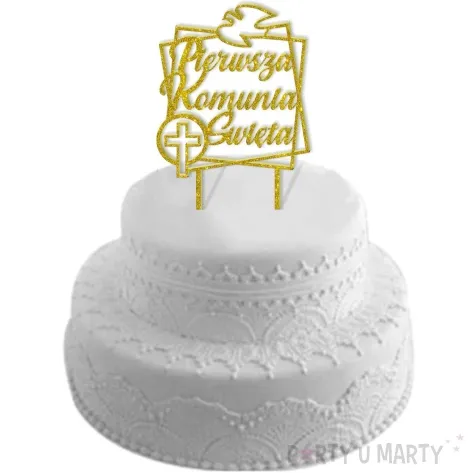 topper z pleksy pierwsza komunia sw golebica zloty brokat 19 5 cm