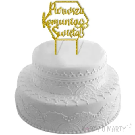 topper z pleksy pierwsza komunia sw heksagon zloty brokat 19 5 cm
