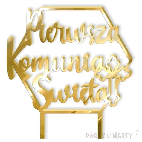 topper z pleksy pierwsza komunia sw heksagon zloty lustrzany 19 5 cm
