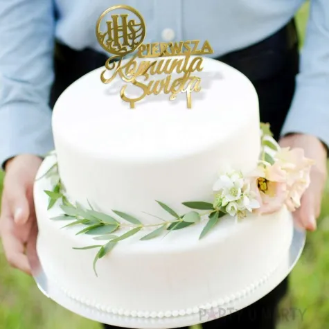 topper z pleksy pierwsza komunia sw ihs kolko zloty lustrzany 13 x 18 cm