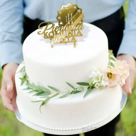 topper z pleksy pierwsza komunia sw ihs koronka zloty lustrzany 13 x 18 5 cm