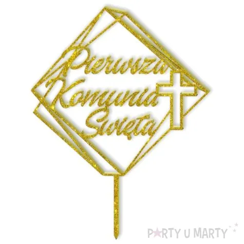 topper z pleksy pierwsza komunia sw kwadrat zloty brokat 19 5 cm