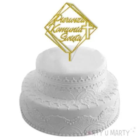 topper z pleksy pierwsza komunia sw kwadrat zloty brokat 19 5 cm