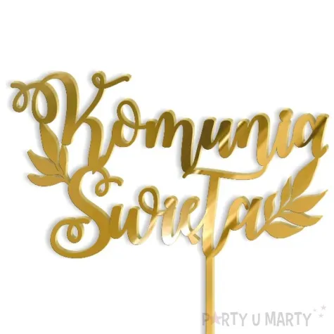 topper z pleksy pierwsza komunia sw listki zloty lustrzany 14 x 15 cm