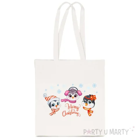 torba eko wesolych swiat merry christmas pingwinki bialy 40x35 cm