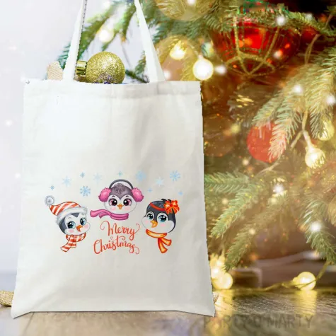 torba eko wesolych swiat merry christmas pingwinki bialy 40x35 cm