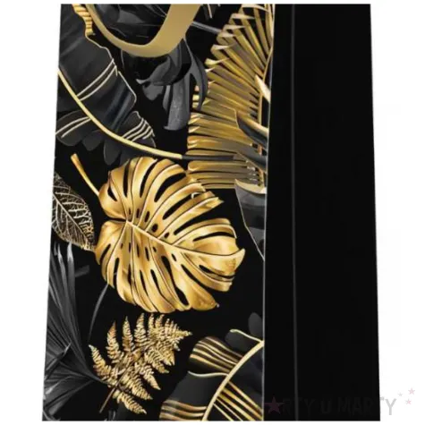torebka na butelke zlote liscie czarny paw 37 x 12 cm