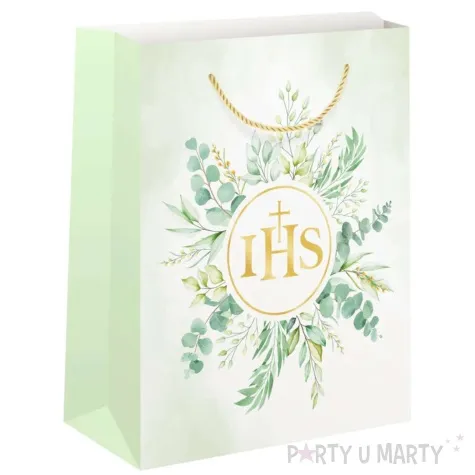 torebka na prezenty pierwsza komunia swieta ihs w eukaliptusie partypal 32x26x12 cm