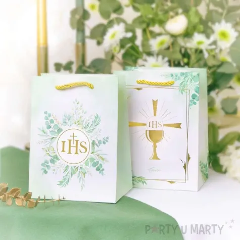 torebka na prezenty pierwsza komunia swieta ihs w eukaliptusie partypal 32x26x12 cm