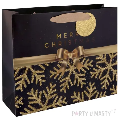 torebka na prezenty sniezynki merry christmas czarny partypal 26 5 x 33 cm