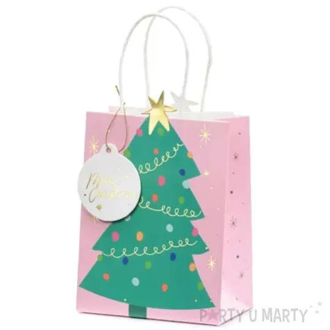 torebka prezentowa choinka swiateczna rozowy partydeco 20x14 cm