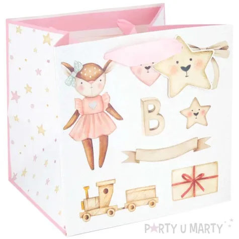 torebka prezentowa dzieciece atrybuty ciuchcia rozowy jasny partypal 30 x 30 x 20 cm