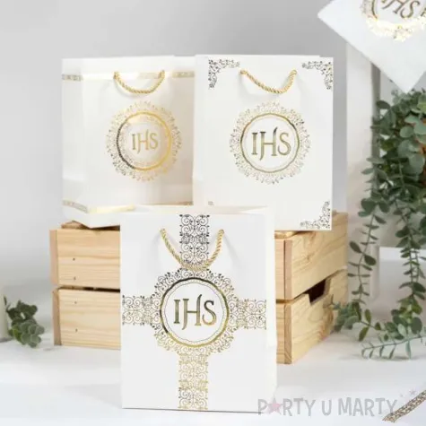 torebka prezentowa komunia swieta ihs zdobione pasy partypal 15x20 cm