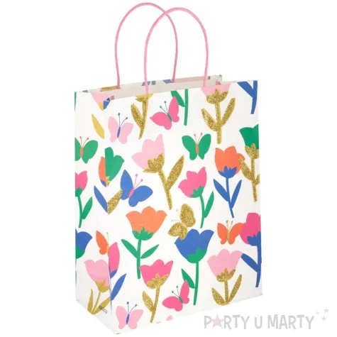 torebka prezentowa kwiaty i motylki bialy partypal 32 x 26 x 12 cm