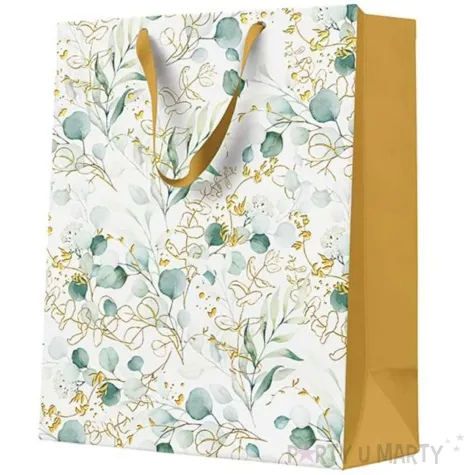 torebka prezentowa liscie eukaliptusa bialo zloty paw 26 5 x 33 5 x 13 cm