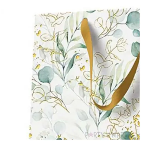 torebka prezentowa liscie eukaliptusa bialo zloty paw 26 5 x 33 5 x 13 cm