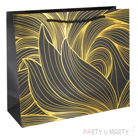 torebka prezentowa liscie metalizowane czarno zloty partypal 32x45 cm