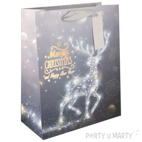 torebka prezentowa merry christmas and happy new year srebrny renifer partypal 42x32 cm