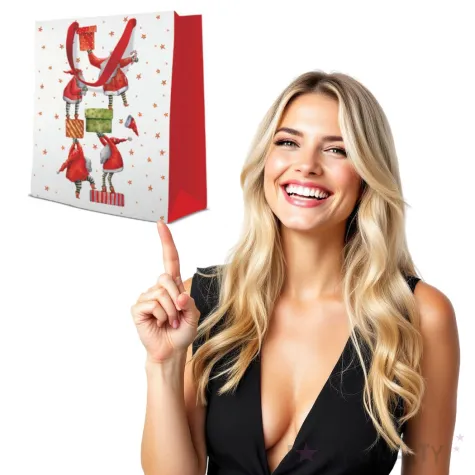 torebka prezentowa mikolaje z prezentami bialo czerwona paw 30x41 cm