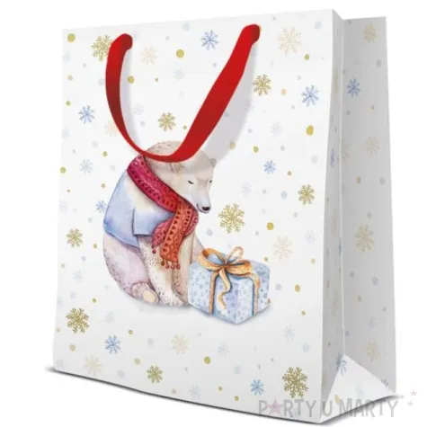 torebka prezentowa mis teddy sniezynki biala paw 20x25x10 cm