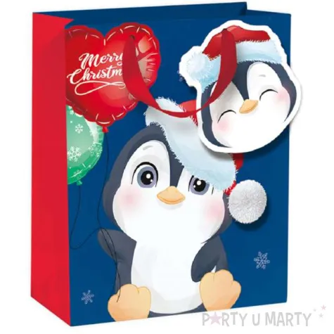 torebka prezentowa pingwinek merry christmas niebieska partypal 18x23x10