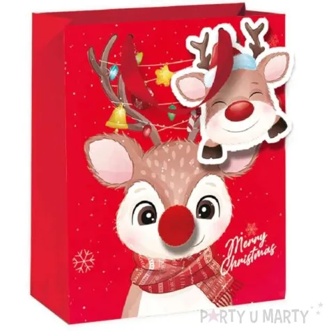 torebka prezentowa renifer merry christmas czerwona partypal 18x23x10