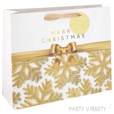 torebka prezentowa sniezynki merry christmas zloty partypal 33 x 26 5 cm