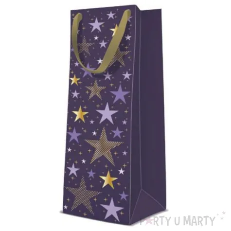 torebka prezentowa swiateczne gwiazdki fioletowa paw 12x37 cm