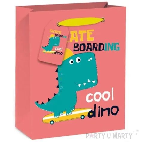 torebka prezentowa wesoly dinozaur czerwona 23 x 18 cm