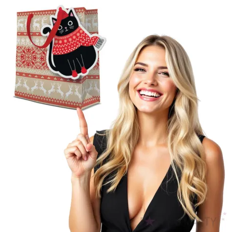 torebka prezentowa zimowy kotek czerwony bez paw 20x25 cm