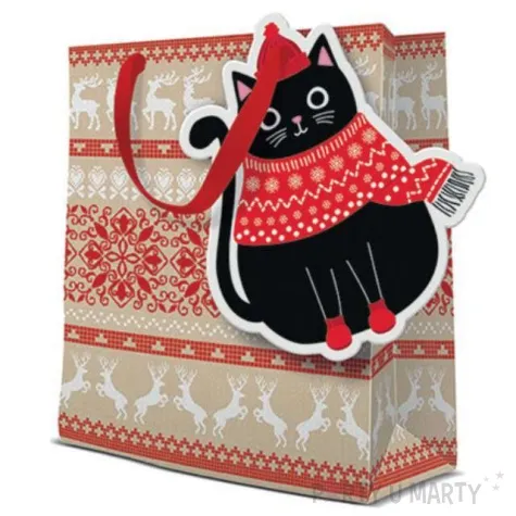 torebka prezentowa zimowy kotek czerwony bez paw 20x25 cm