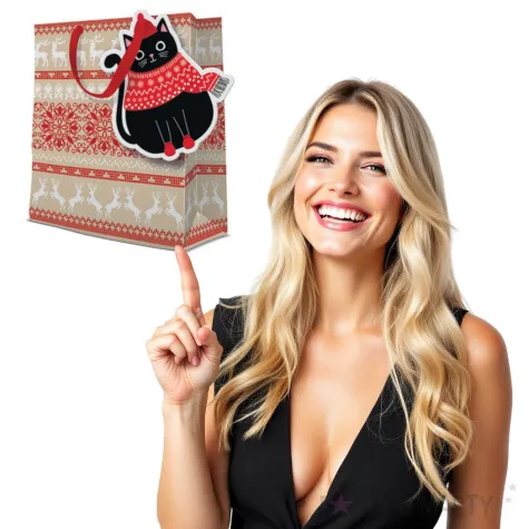 torebka prezentowa zimowy kotek czerwony bez paw 26x33 cm