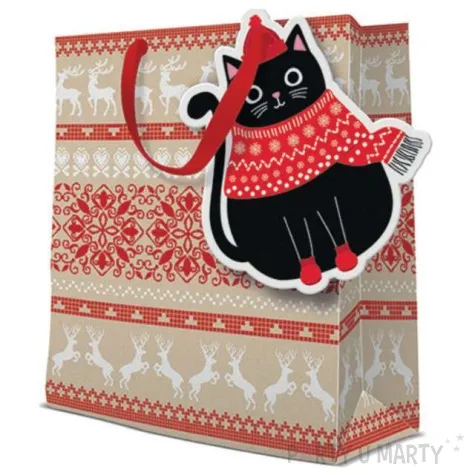 torebka prezentowa zimowy kotek czerwony bez paw 26x33 cm