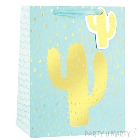 torebka prezentowa zloty kaktus blekitna partypal 23 x 18 cm