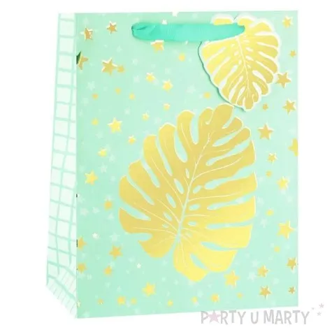 torebka prezentowa zloty lisc monstera zielona partypal 42 x 32 cm