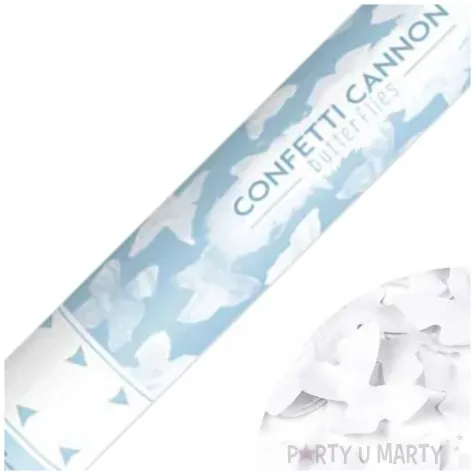 tuba strzelajaca konfetti motylki bialy partydeco 40 cm