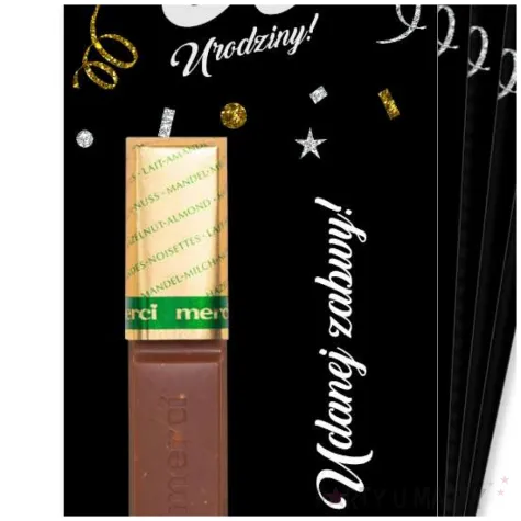 upominek dla gosci bileciki na czekoladki 60 urodziny glamour merci podziekowania 5 szt