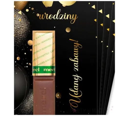 upominek dla gosci bileciki na czekoladki 70 urodziny glamour merci podziekowania 5 szt