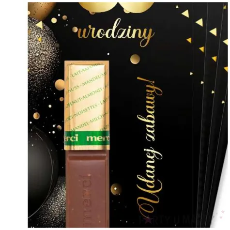 upominek dla gosci bileciki na czekoladki 80 urodziny glamour merci podziekowania 5 szt