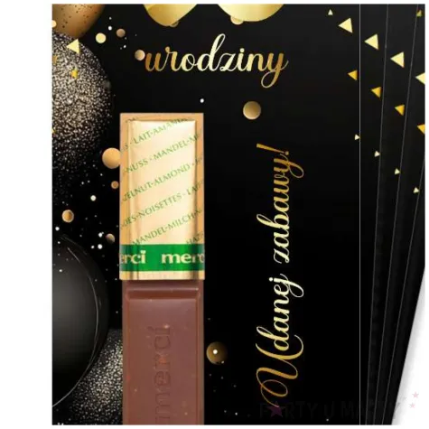 upominek dla gosci bileciki na czekoladki 90 urodziny glamour merci podziekowania 5 szt