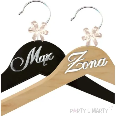 wieszaki slubne maz i zona srebrny bialy czarny drewno 2 szt