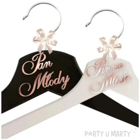 wieszaki slubne pan mlody i panna mloda rose gold bialy czarny 2 szt