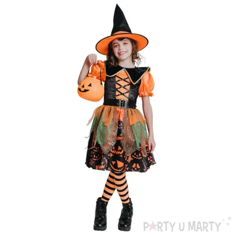 xx stdz zestaw dla dzieci dyniowa czarownica sukienka kapelusz pasek kolnierz rozm 120 130