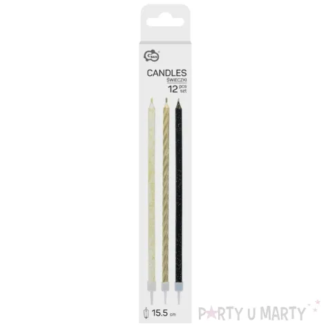 xx su swieczki metaliczno brokatowe czarne biale zlote 15 5x0 5 cm 12 szt