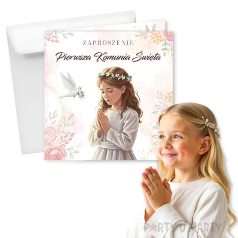xx zaproszenia komunia dziewczynka rozowe kwiaty