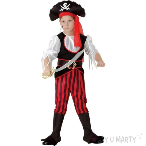 xx zestaw dla dzieci czerwony pirat koszula z zabotem spodnie z nakladkami na buty pasek kapelu