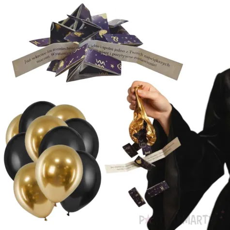 zabawa na andrzejki balony z wrozbami andrzejkowymi astro zodiak zestaw czarno zlote 10 szt
